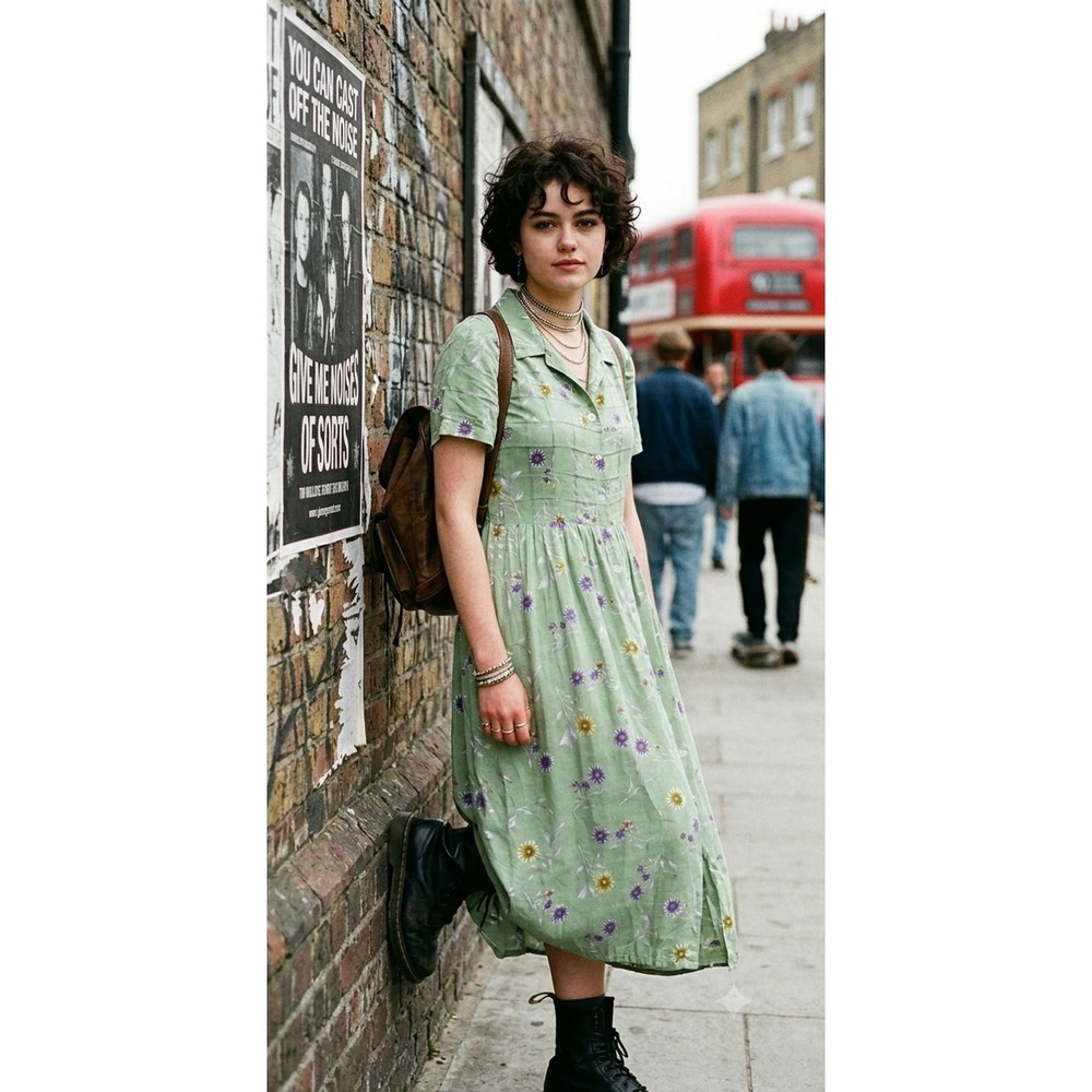 Vintage Betsy Lauren Floral Midi Dress Size 16 Green Rayon 90s Grunge Cottage